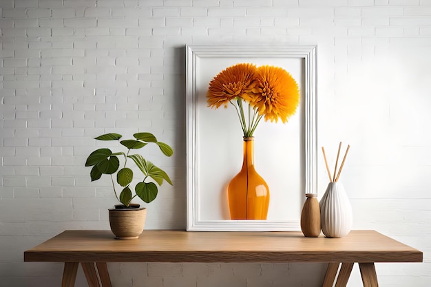 Exhibición mínima de la lona del marco de la imagen blanca con la flor en florero