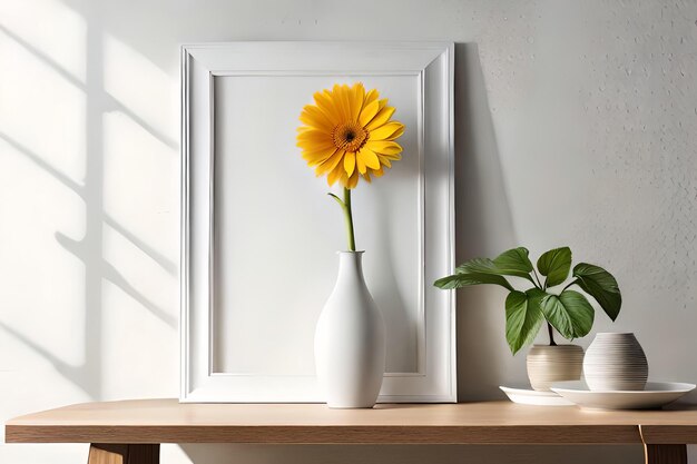 Exhibición mínima de la lona del marco de la imagen blanca con la flor en florero