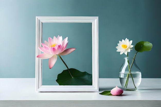 Exhibición mínima de la lona del marco de la imagen blanca con la flor en florero