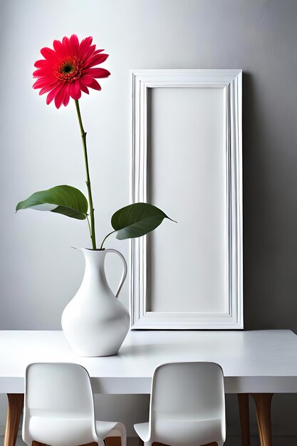 Foto exhibición mínima de la lona del marco de la imagen blanca con la flor en florero