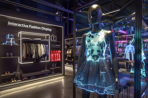 Exhibición de moda interactiva En una boutique de alta gama un maniquí lleva un vestido de diseñador con sensores táctiles