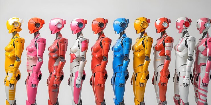 Foto exhibición de moda con modelos de robots coloridos concepto exhibición de moda robots coloridos modelos de pista diseños futuristas tecnología elegante