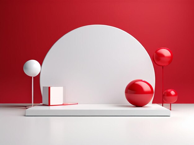 Exhibición moderna de moda en rojo y blanco en espacio vacío Con fondo blanco para la promoción del producto 3D Ill