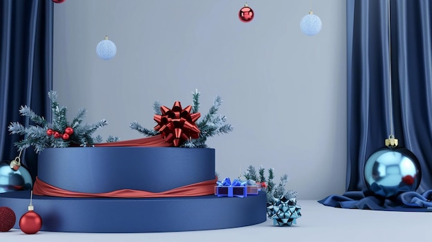 una exhibición de Navidad con una cinta roja y un arco rojo