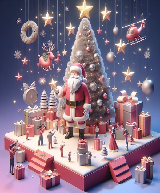 una exhibición de Navidad con Santa Claus y un árbol de Navidad