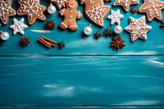 Exhibición navideña de galletas de pan de jengibre en un telón de fondo de madera azul Conjunto encantador