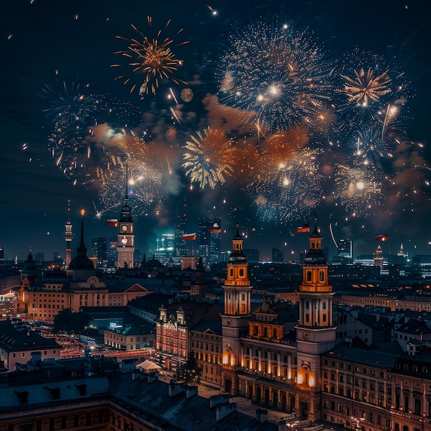 Exhibición nocturna de fuegos artificiales en el horizonte de Varsovia Celebración del Día de la Independencia