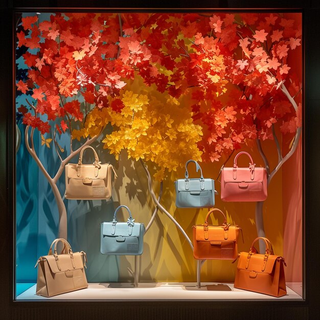 Foto exhibición oficial de bolsos de mano coloridos en una ventana exhibición generativa ai