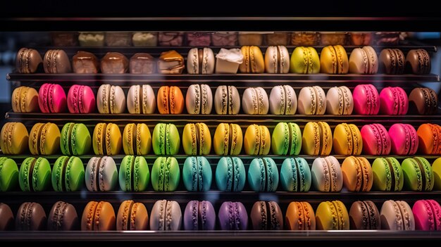 Una exhibición de panadería con coloridos macarons.