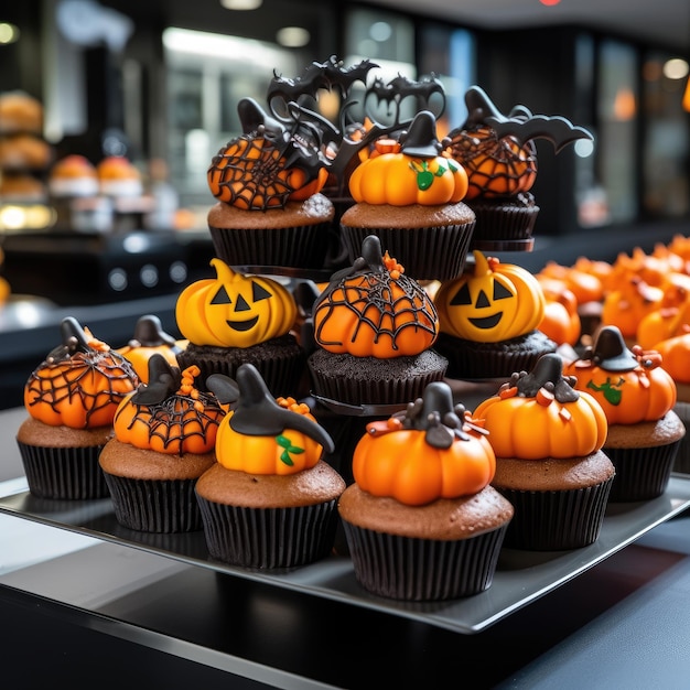 Una exhibición de panadería que muestra caprichosos cupcakes de Halloween