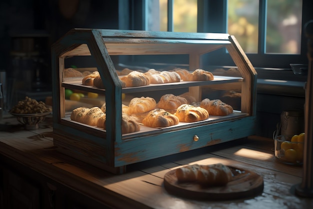 Una exhibición de panes en una panadería.