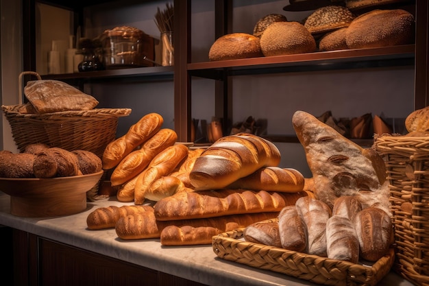 Exhibición de panes recién horneados que incluyen baguettes brioche y masa fermentada creados con ai generativa