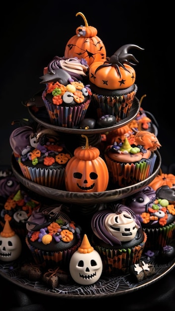 Exhibición de pastel de taza con tema de Halloween