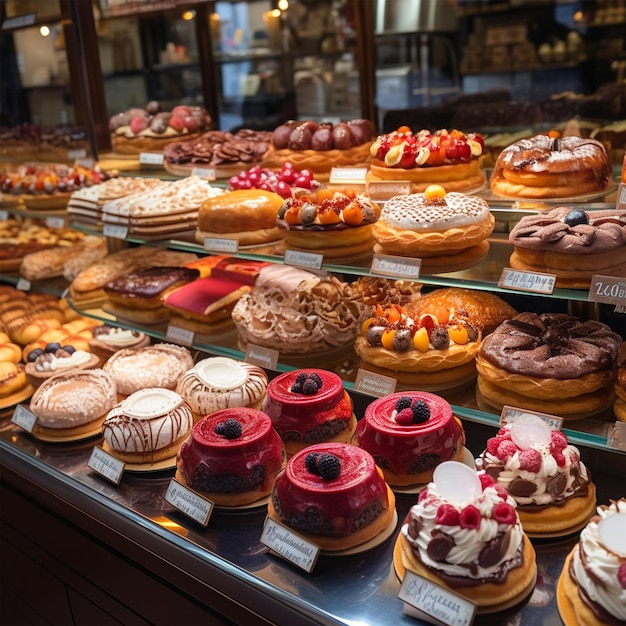 Exhibición de pasteles dulces de panadería francesa en la panadería