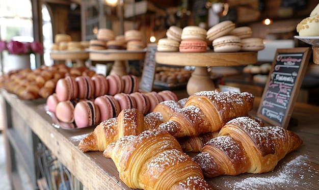 una exhibición de pasteles con un letrero que dice croissant