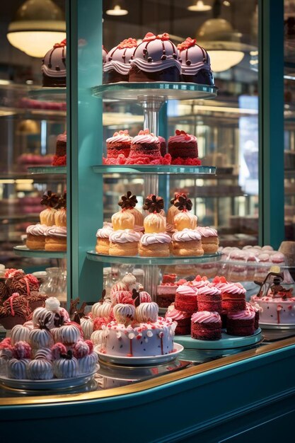 Foto una exhibición de pastelitos con glaseado rojo y blanco y glaseado rojo.