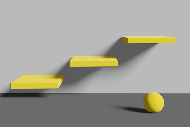 Exhibición de pedestal amarillo en escalera abstracta con cubos con concepto de soporte de caja Podio para productos de promoción de marca representación digital 3d realista