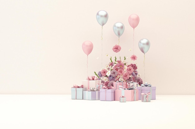 Exhibición de podio 3D en fondo rosa pastel con cajas de regalos y globos de flores