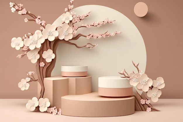 Exhibición de podio beige con árbol de flor rosa Sakura Promoción de productos de belleza pedestal floral