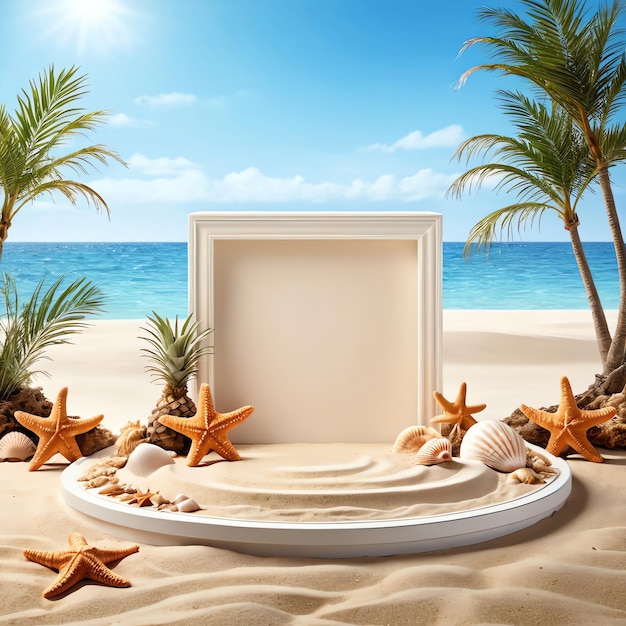 exhibición en el podio del escenario del producto en una playa tropical con estrellas de mar