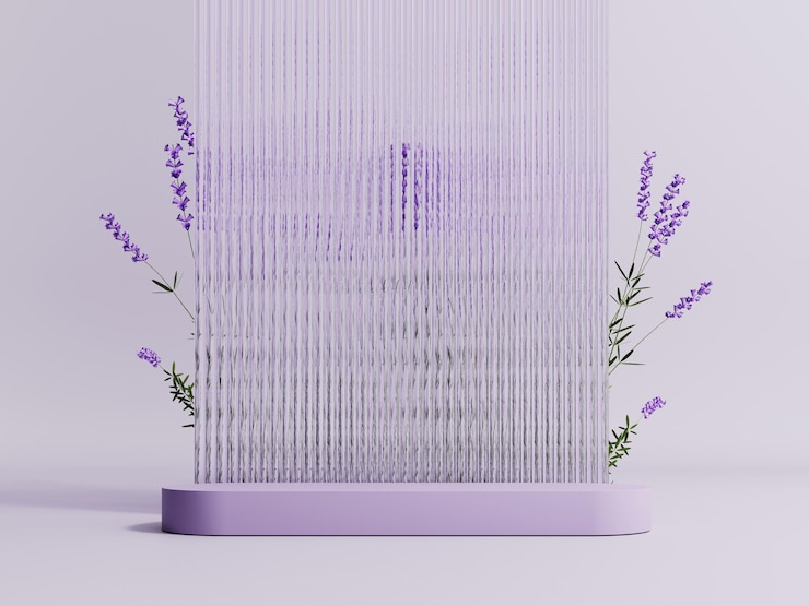 Exhibición del podio con flores de lavanda sobre fondo púrpura pastel Showcase 3d render