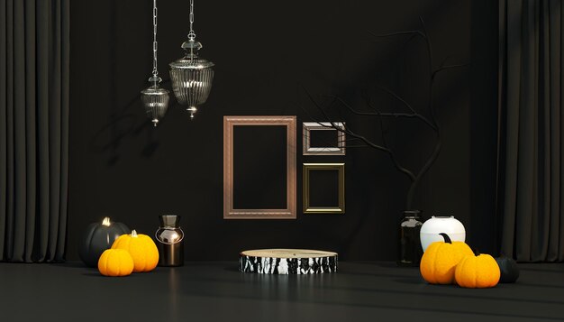 Exhibición de podio de fondo de Halloween en 3D en madera negra y calabaza Renderizado en 3D de estudio minimalista abstracto