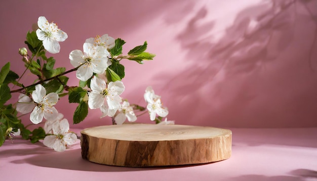 Exhibición de podio de madera para presentación Pedestal natural con flores y hojas fondo rosa