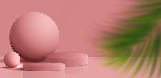 Exhibición de podio mínima y premium de fondo rosa claro cosmético para la presentación del producto, la marca y la presentación del empaque. escenario de estudio con sombra de fondo de hoja. Diseño de ilustración 3D.