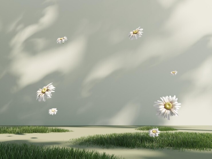 Exhibición de podio de primavera en 3d con margaritas en un fondo pastel claro con sombra
