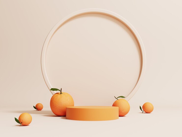 Exhibición de podio de verano en 3d con frutas de naranja en un fondo pastel claro