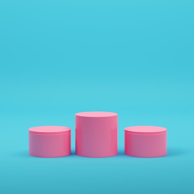 Exhibición de producto cilíndrica vacía rosa sobre fondo azul brillante en colores pastel. Concepto de minimalismo. Render 3d