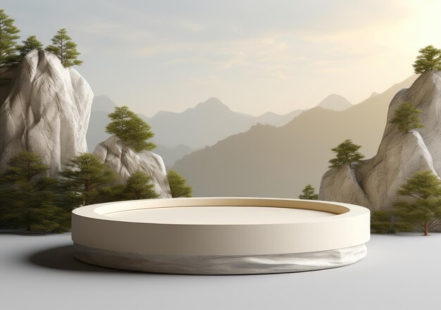 Exhibición del producto de la etapa del podio redondo de cerámica 3D con el fondo del paisaje del paisaje de la naturaleza AI generativo