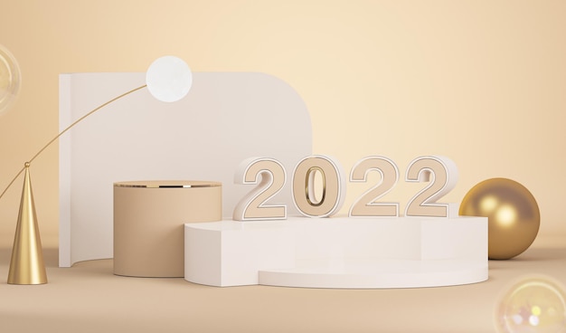 Exhibición del producto podio fondo de geometría beige y pastel Feliz año nuevo vacaciones 2022 3D render