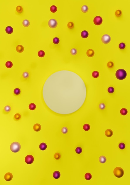 exhibición de productos 3D amarilla decoración colorida bolas de Navidad vista superior podio de fotografía plana