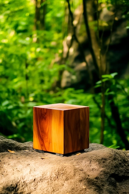 Exhibición de productos de madera para cosméticos en el bosque Ai generado