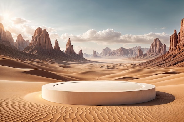 Foto exhibición de productos de maqueta de plataforma de podio en 3d en el desierto