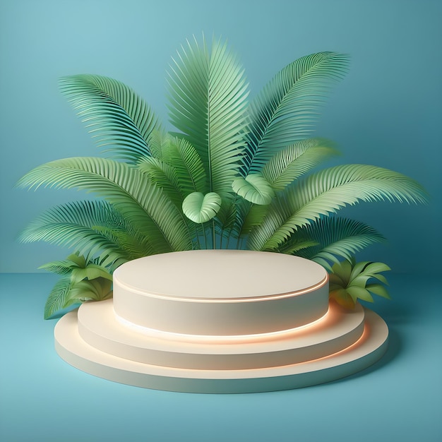 Exhibición de productos de maqueta de plataforma de podio en 3D con palma tropical Hojas verdes sobre fondo azul