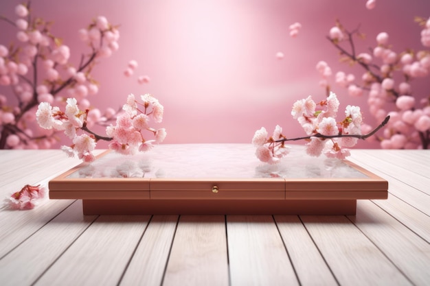 Exhibición de productos de mesa de madera con fondo de flor de cerezo Entorno sofisticado y de gama alta para exhibir productos
