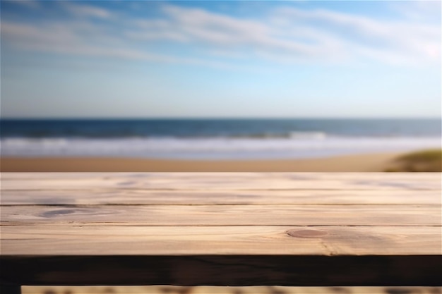 Una exhibición de productos de mesa de madera con un fondo de vacaciones de verano de una playa tropical