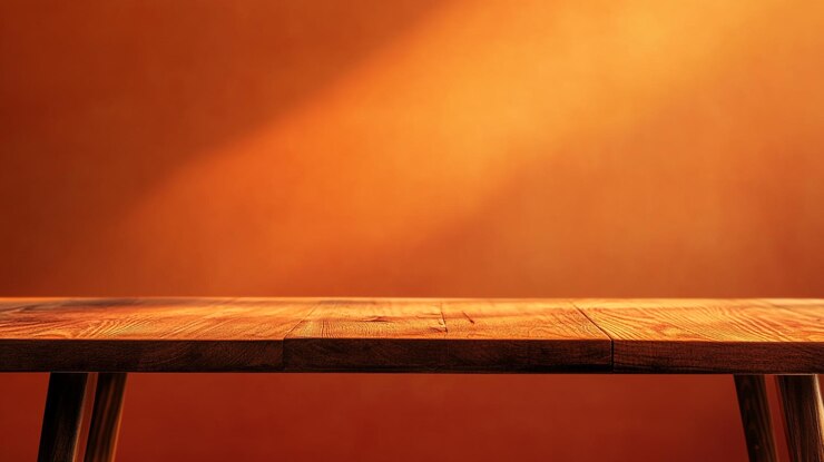 Exhibición de productos Mesa de madera vacía contra un fondo naranja abstracto para montaje y presentación