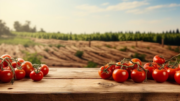 Foto exhibición de productos mesa de tablas de madera viejas rústicas con granja de tomates en el fondo