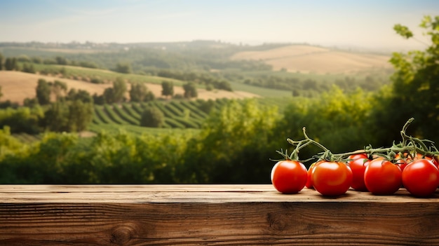 Exhibición de productos mesa de tablas de madera viejas rústicas con granja de tomates en el fondo