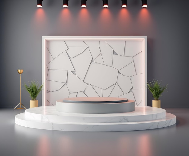 Exhibición de productos minimalistas con plataforma de mármol y fondo geométrico