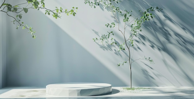 Exhibición de productos minimalistas con una rama y una plataforma redonda