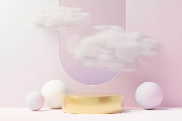 Exhibición de productos de pedestal premium de belleza 3d con tierra de ensueño y nube esponjosa. Escena mínima de cielo y nubes en colores pastel para la promoción de productos actuales y cosméticos de belleza. Concepto de romance tierra de sueños.