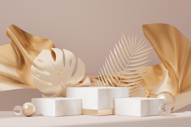Exhibición de productos de pedestal premium de lujo de ilustración 3d con formas geométricas abstractas. Escena mínima para la promoción de productos actuales y cosméticos de belleza.