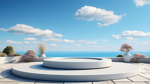 Foto exhibición de productos de podio de círculo de renderizado 3d con hermoso fondo de nubes y cielo