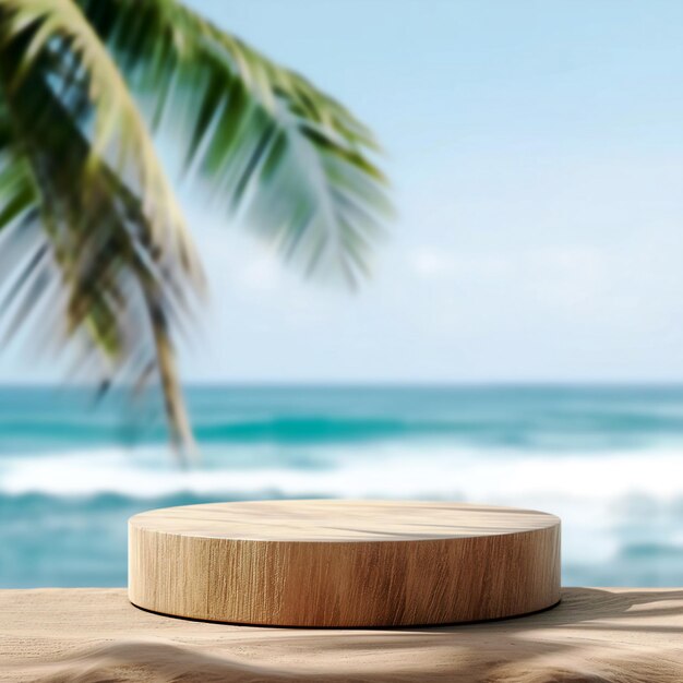 Foto exhibición de productos en un podio de madera con playa tropical de mar borrosa