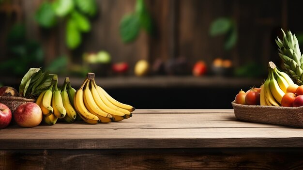 Exhibición de productos rústicos viejos tableros de madera espacio de copia de mesa con plátano en el fondo ai generativo