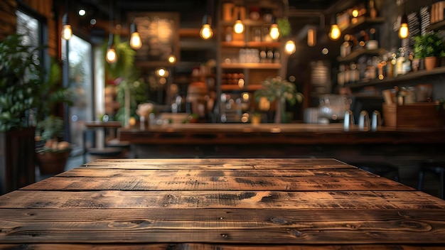Exhibición de productos Tabla de madera vacía en el restaurante con fondo marrón borroso Concepto de producto Exposición de productos Restaurante Interior Tabla de madeira con fondo borroso Espacio vacío